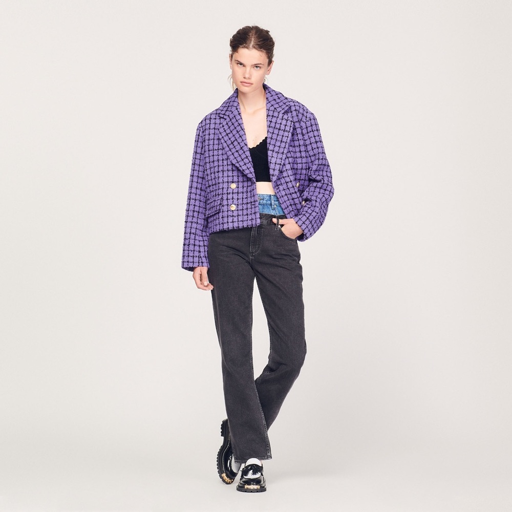 NWT Sandro Simona Double-Breasted Tweed Crop Blazer Jacket